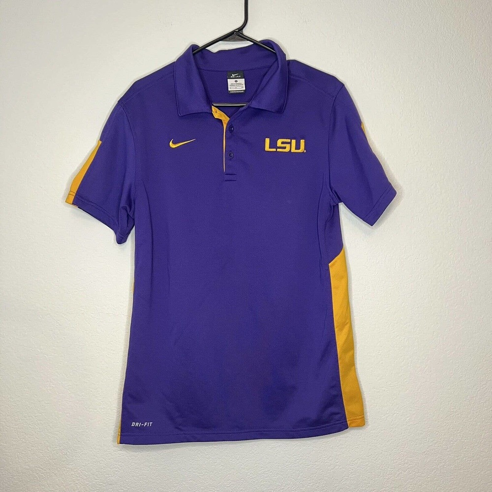 Nike Dri Fit LSU Louisiana Tigers Polo Golf Shirt Mens Size Small Purple Yellow